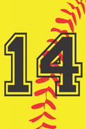 14 Journal: A Softball Jersey Number #14 Fourteen Notebook For Writing And Notes: Great Personalized Gift For All Players, Coaches, And Fans (Yellow Red Black Ball Print)