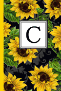 C: Floral Letter C Monogram Personalized Journal, Black & Yellow Sunflower Pattern Monogrammed Notebook, Lined 6x9 Inch College Ruled 120 Page Perfect Bound Glossy Soft Cover