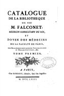 Catalogue de La Bibliotheque de Feu M. Falconet - Tome I