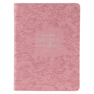 Christian Art Gifts Strawberry Pink Floral Vegan Leather Small Journal Inspirational Scripture Women's Notebook More Precious Than Rubies Bible Verse Proverbs 3:15, 240 Ruled Pages, Ribbon 5.7 X 7