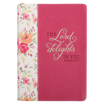Classic Faux Leather Journal Lord Delights in You Isaiah 62:4 Pink Floral Inspirational Notebook, Lined Pages W/Scripture, Ribbon Marker, Zipper Closure - Christian Art Gifts (Creator)