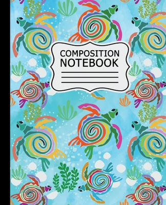 Composition Notebook: Colorful Abstract Sea Turtles on Light Blue Background - 7.5" X 9.25" 110 Pages Wide Ruled - Designs, Alledras