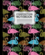 Composition Notebook: Colorful Flamingos Pattern on Light Black Background 7.5" X 9.25" Wide Ruled 110 Pages