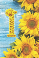 I: Sunflower Personalized Initial Letter I Monogram Blank Lined Notebook, Journal and Diary with a Rustic Blue Wood Background