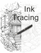 Ink Tracing: Serene Cabins Nestled Amidst Towering Trees, Mountains and Bubbling Streams.