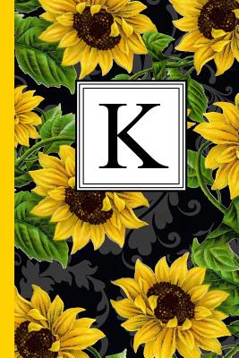 K: Floral Letter K Monogram Personalized Journal, Black & Yellow Sunflower Pattern Monogrammed Notebook, Lined 6x9 Inch College Ruled 120 Page Perfect Bound Glossy Soft Cover - Notebooks, Inspirationzstore Personalize
