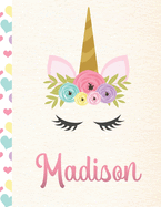 Madison: Personalized Unicorn Sketchbook For Girls With Pink Name - 8.5x11 110 Pages. Doodle, Sketch, Create!