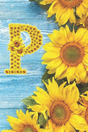 P: Sunflower Personalized Initial Letter P Monogram Blank Lined Notebook, Journal and Diary with a Rustic Blue Wood Background