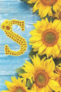 S: Sunflower Personalized Initial Letter S Monogram Blank Lined Notebook, Journal and Diary with a Rustic Blue Wood Background