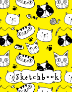 Sketchbook: Funny Cats Pattern Yellow Background, Large Blank Sketchbook For Kids, 110 Pages, 8.5" x 11", Letter Size, For Drawing, Sketching, Pencil & Crayon Coloring