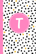 T: Confetti Polka Dot Letter T Monogram Personalized Journal, Black White & Pink Monogrammed Notebook, Lined 6x9 Inch College Ruled 120 Page Perfect Bound Glossy Soft Cover